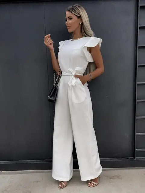 Jumpsuit – Ruchesmouwen & Ceintuur Voor Getailleerde Taille