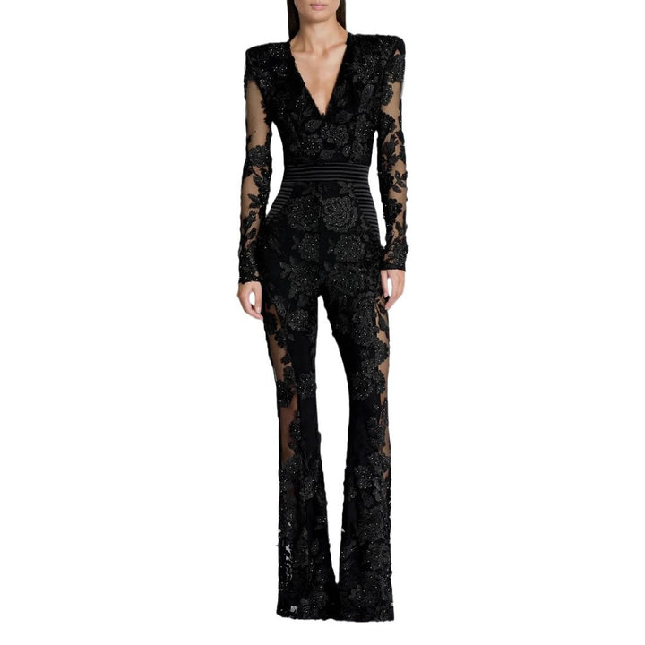 Jumpsuit – V-hals & Kant met Strassteentjes