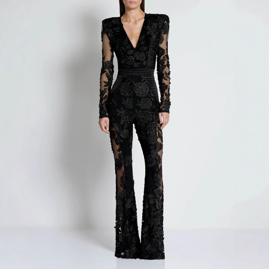 Jumpsuit – V-hals & Kant met Strassteentjes