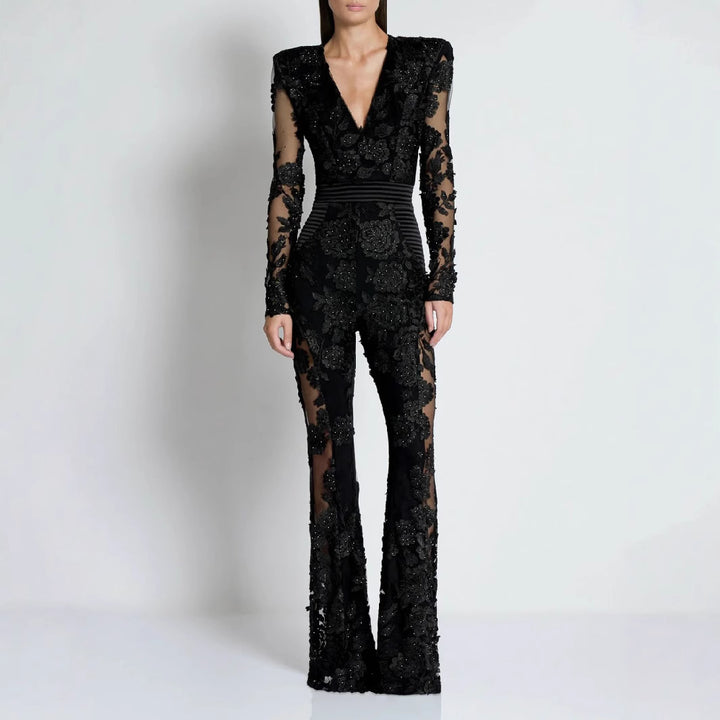 Jumpsuit – V-hals & Kant met Strassteentjes