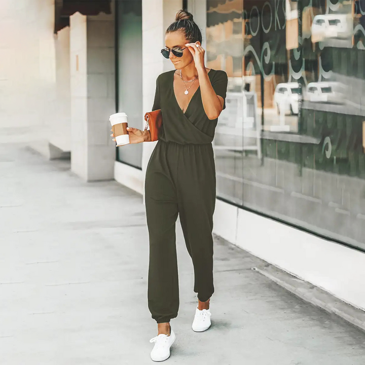 Jumpsuit met V-hals - Elastische taille & Korte Mouwen