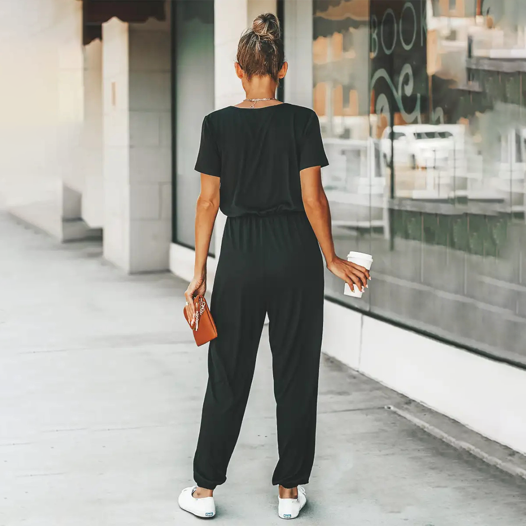 Jumpsuit met V-hals - Elastische taille & Korte Mouwen
