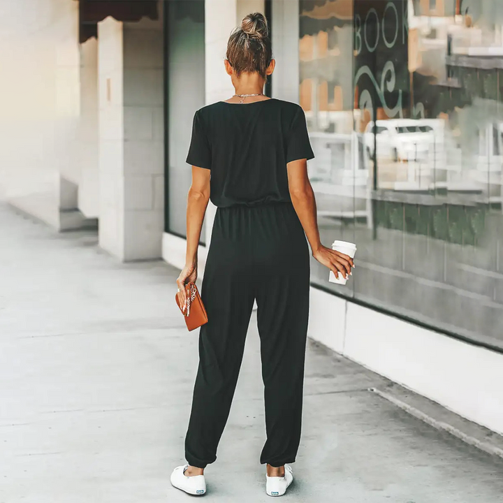 Jumpsuit met V-hals - Elastische taille & Korte Mouwen