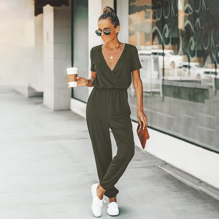 Jumpsuit met V-hals - Elastische taille & Korte Mouwen