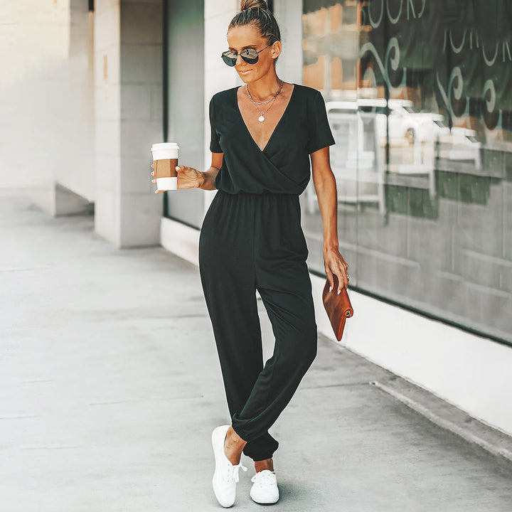 Jumpsuit met V-hals - Elastische taille & Korte Mouwen