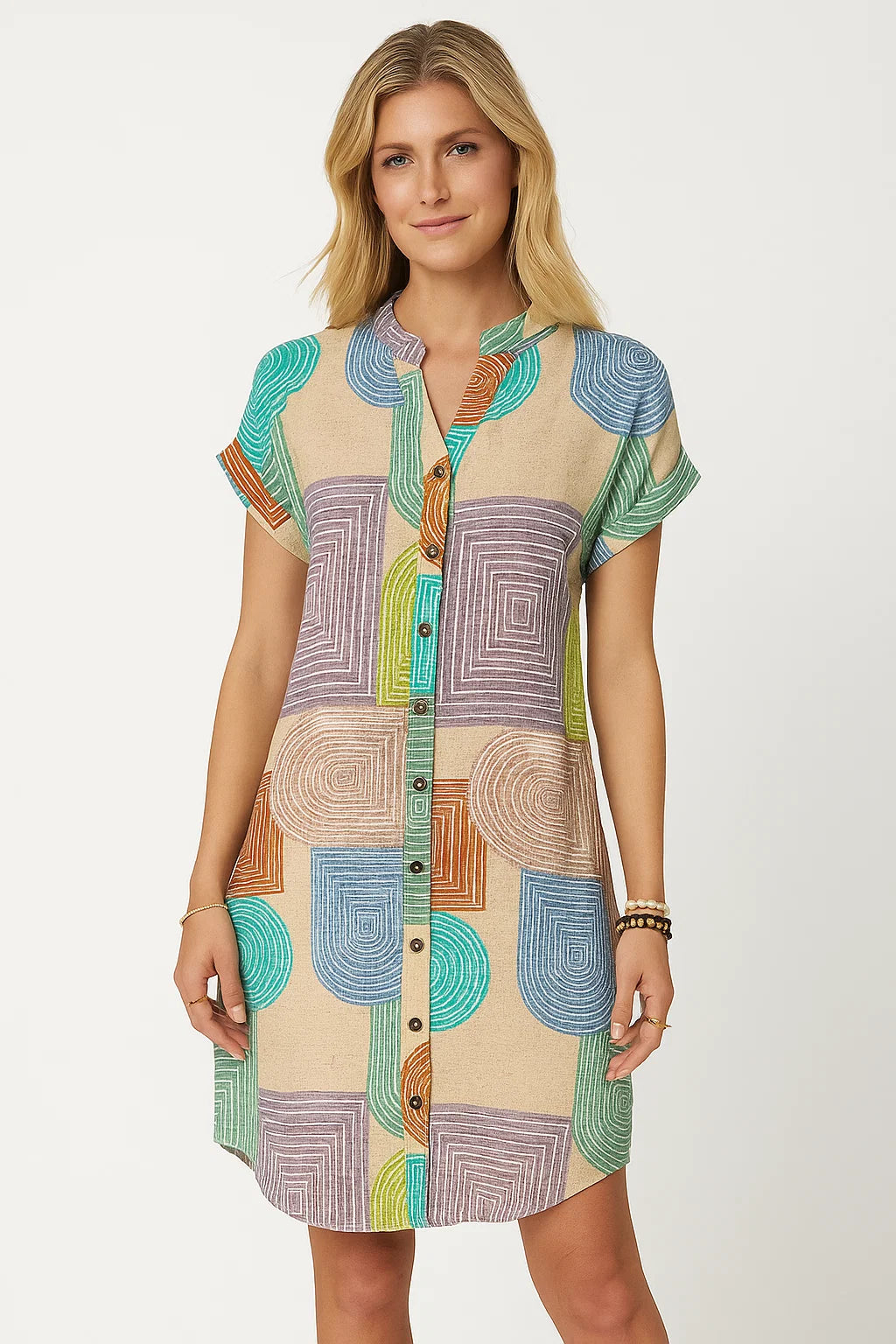 Jurk – Geometrisch Patroon & V-hals met Knoopsluiting