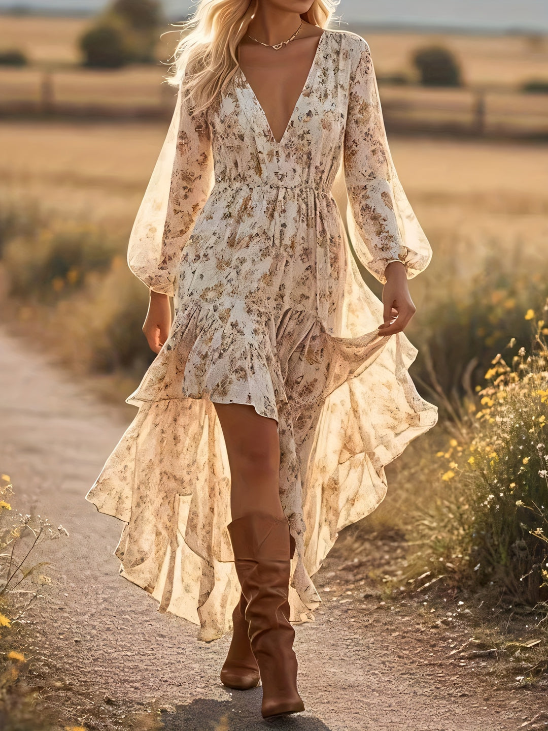 Jurk – V Hals Lantaarnmouw & Asymmetrische Zoom Met Beweging