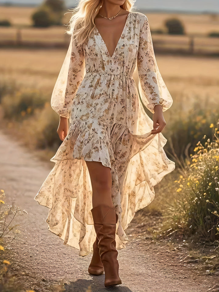 Jurk – V Hals Lantaarnmouw & Asymmetrische Zoom Met Beweging