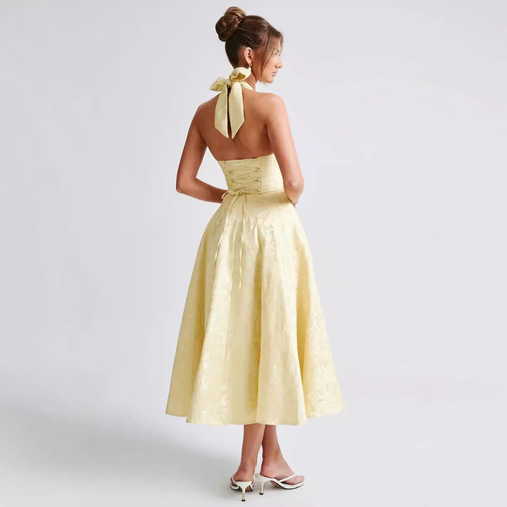 Jurk – V-hals Halter & Strik Taille met A-lijn Rok