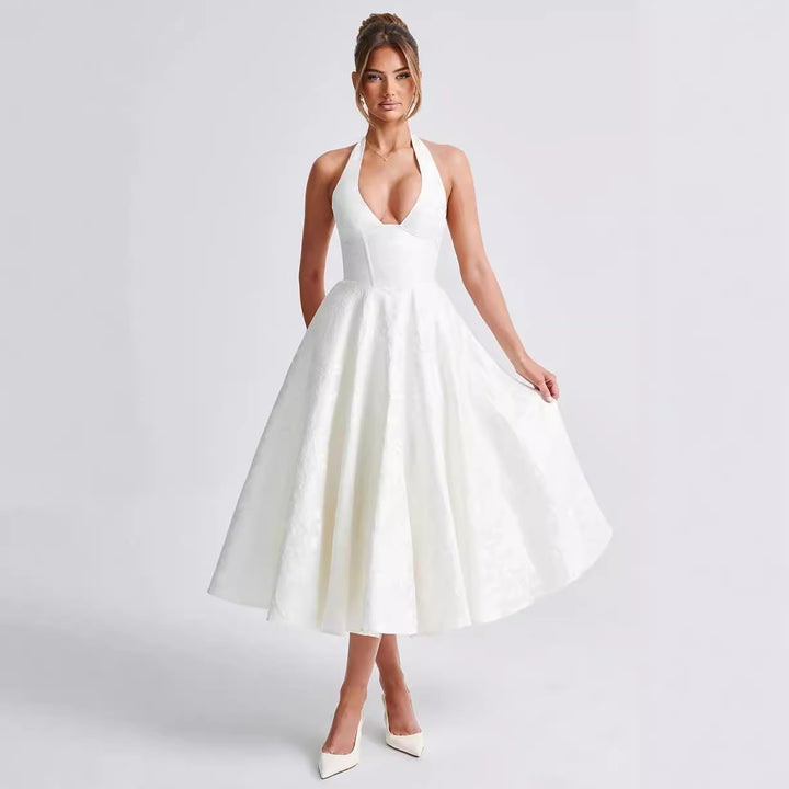 Jurk – V-hals Halter & Strik Taille met A-lijn Rok