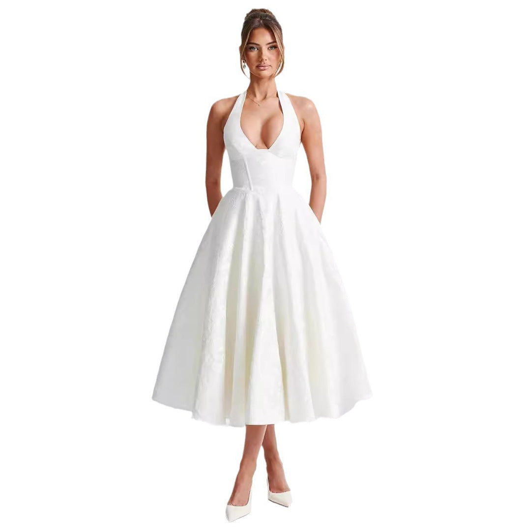 Jurk – V-hals Halter & Strik Taille met A-lijn Rok