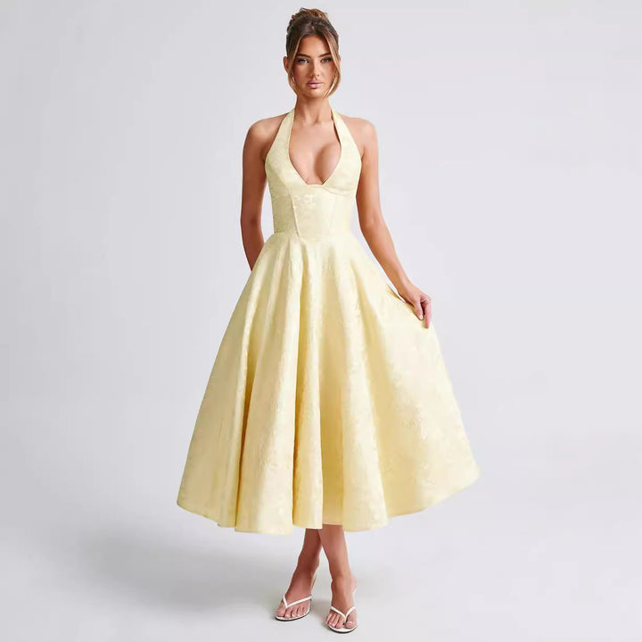 Jurk – V-hals Halter & Strik Taille met A-lijn Rok