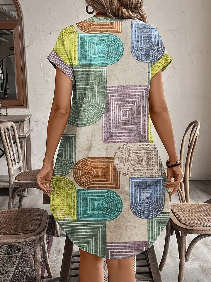 Jurk van katoenmix - Geometrische print & V-hals met knoopsluiting