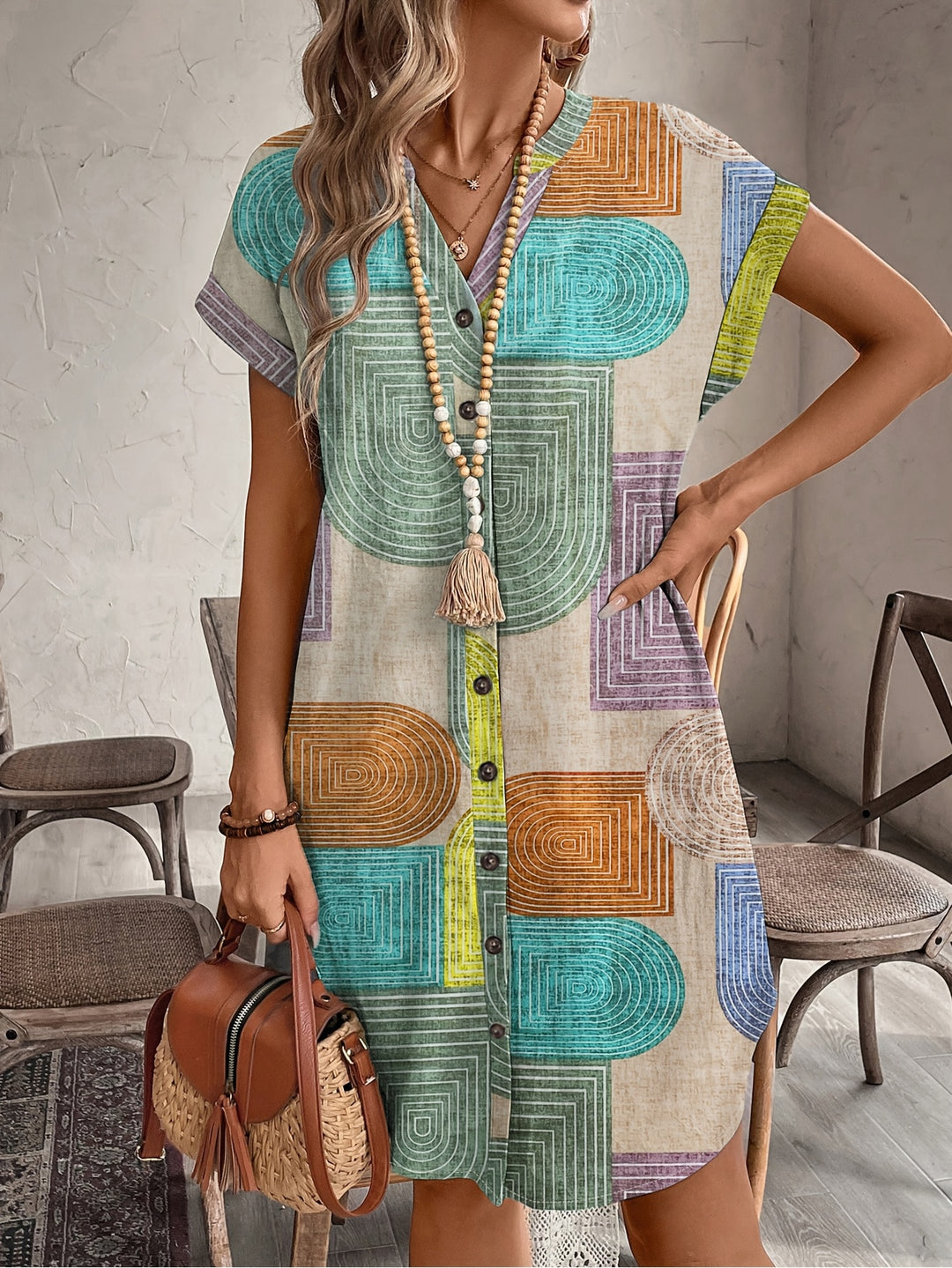 Jurk van katoenmix - Geometrische print & V-hals met knoopsluiting