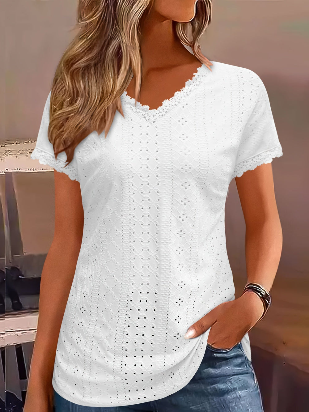 Kanten Trim V-Hals Blouse - Pullover Stijl & Losse Pasvorm