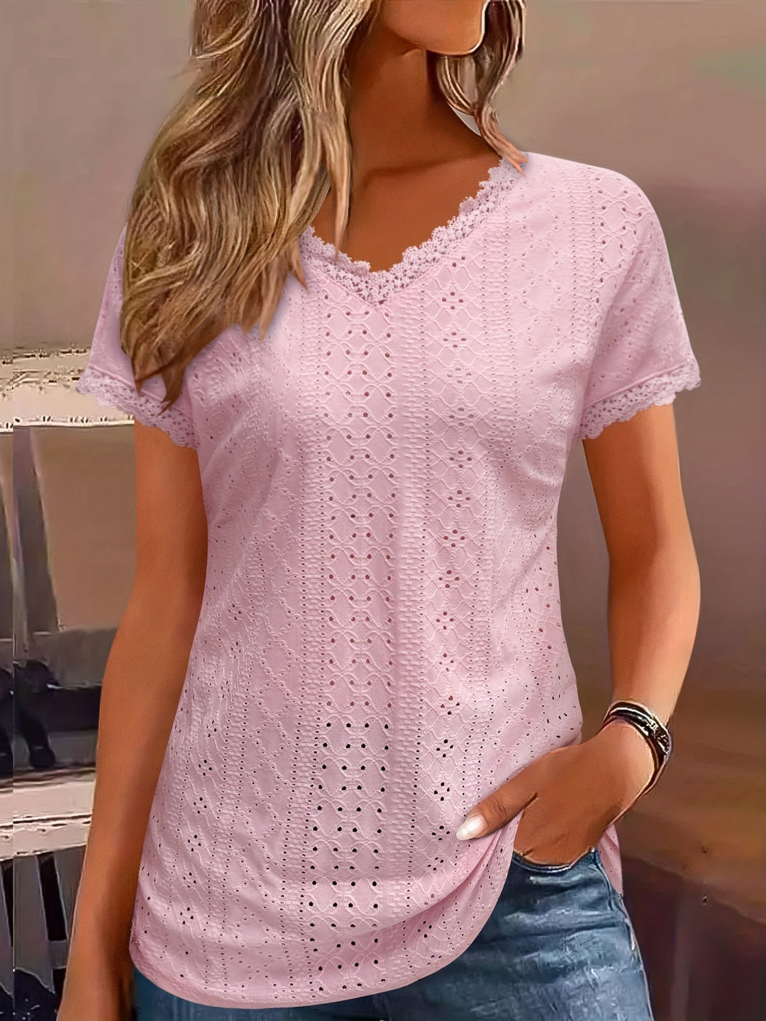 Kanten Trim V-Hals Blouse - Pullover Stijl & Losse Pasvorm