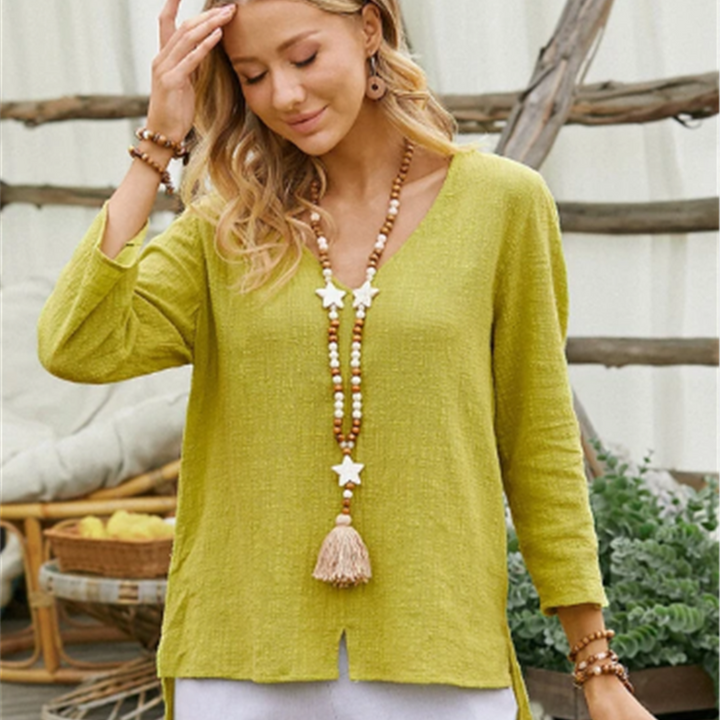 Katoen-Linnen Blouse – V-Hals & Losse Pasvorm