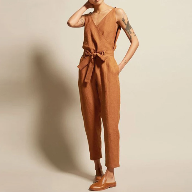 Katoen-Linnen Jumpsuit – V-Hals & Losse Pasvorm
