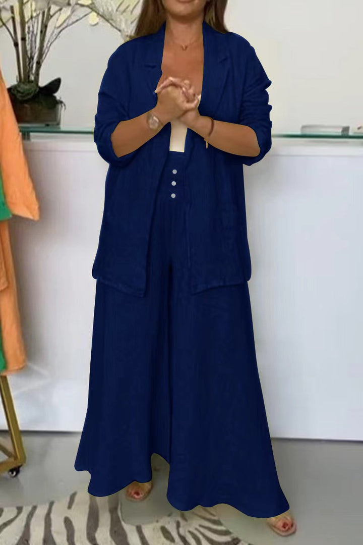Katoen-Linnen Set – Colbertkraag Cardigan & Losse Pasvorm Broek