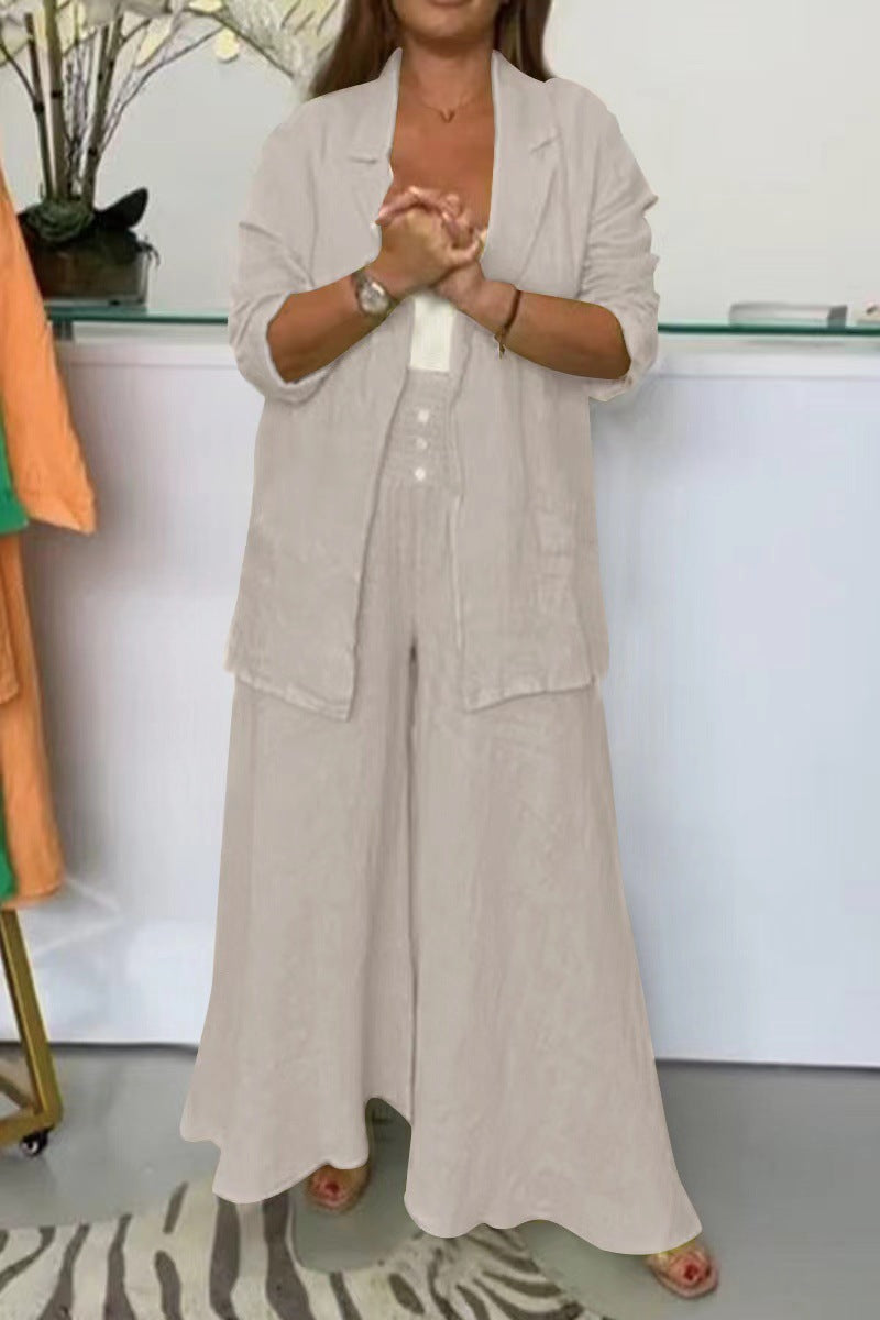 Katoen-Linnen Set – Colbertkraag Cardigan & Losse Pasvorm Broek