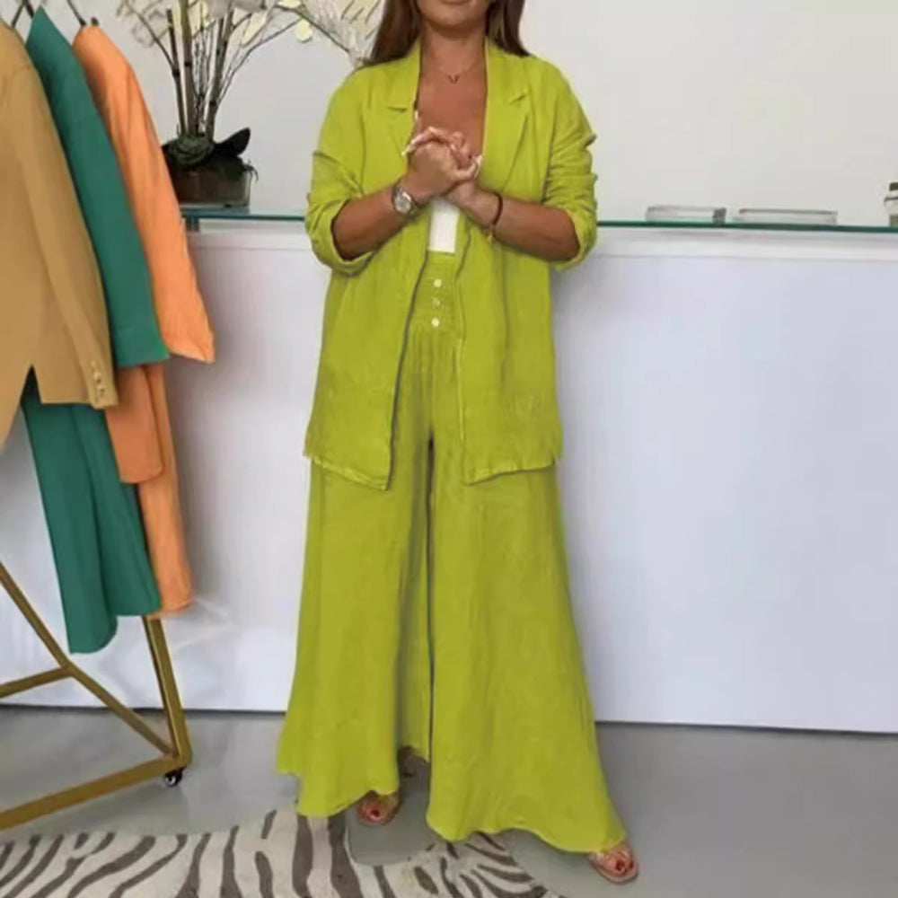 Katoen-Linnen Set – Colbertkraag Cardigan & Losse Pasvorm Broek