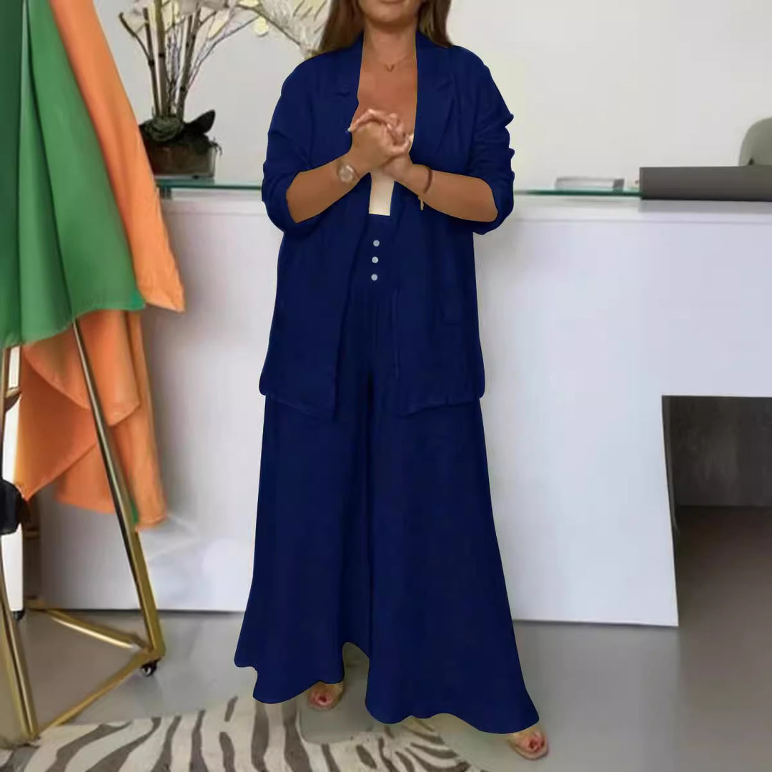Katoen-Linnen Set – Colbertkraag Cardigan & Losse Pasvorm Broek