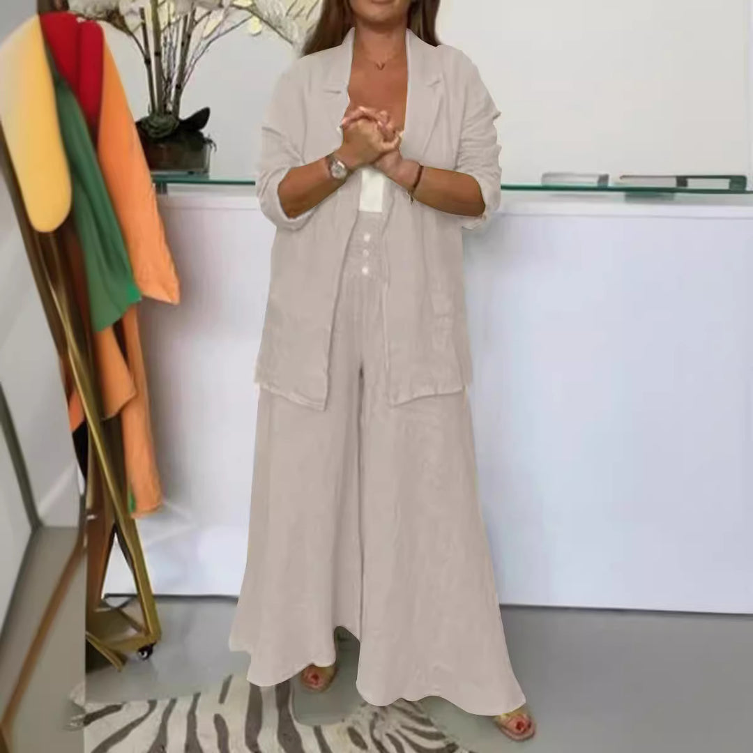 Katoen-Linnen Set – Colbertkraag Cardigan & Losse Pasvorm Broek