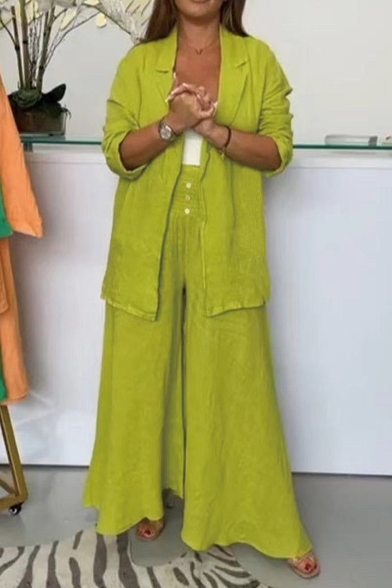 Katoen-Linnen Set – Colbertkraag Cardigan & Losse Pasvorm Broek
