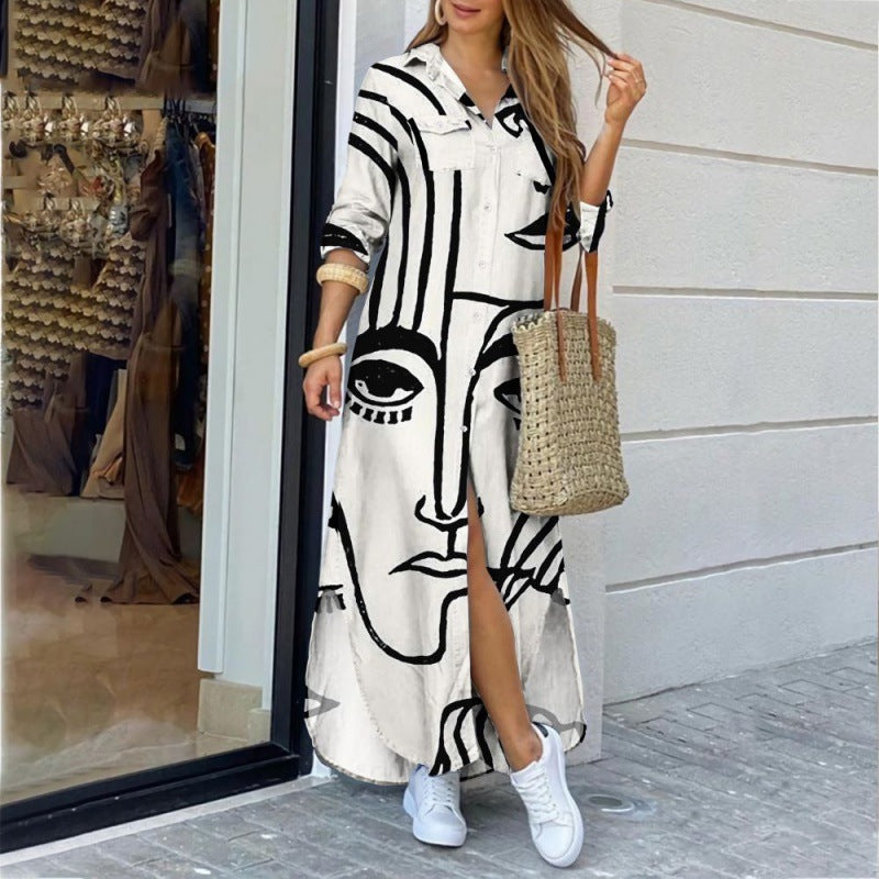 Katoen-Polyester Jurk – Lange Mouwen & Gedetailleerde Print