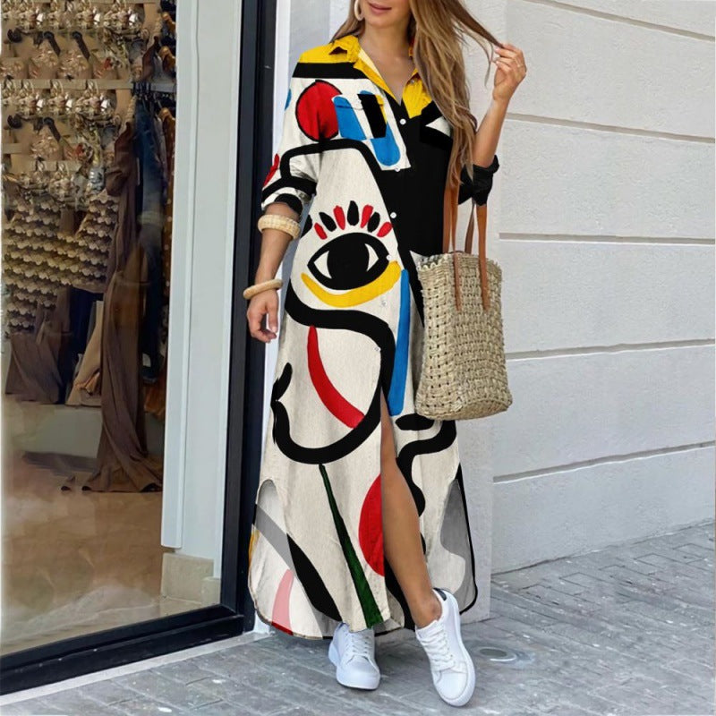 Katoen-Polyester Jurk – Lange Mouwen & Gedetailleerde Print