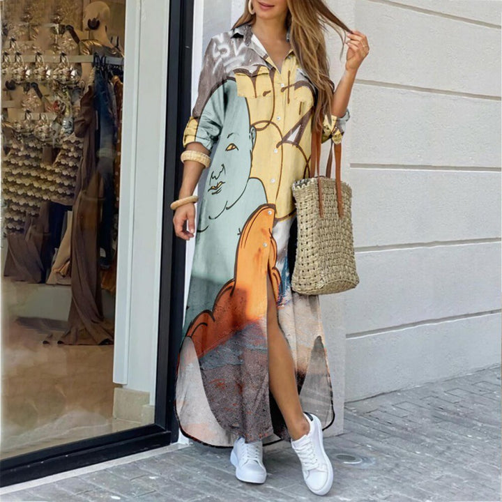 Katoen-Polyester Jurk – Lange Mouwen & Gedetailleerde Print
