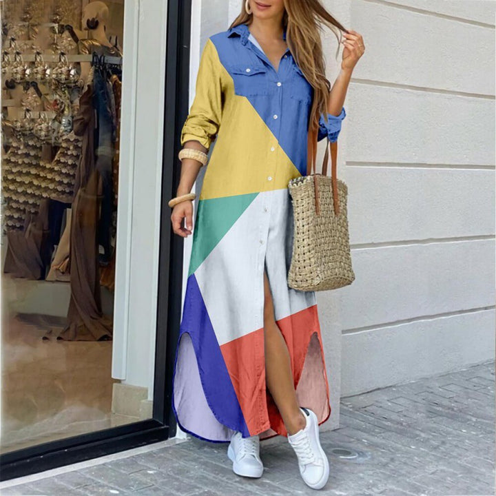 Katoen-Polyester Jurk – Lange Mouwen & Gedetailleerde Print