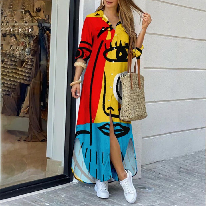 Katoen-Polyester Jurk – Lange Mouwen & Gedetailleerde Print