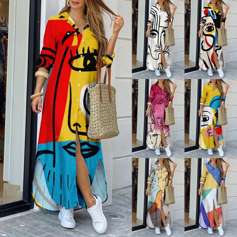 Katoen-Polyester Jurk – Lange Mouwen & Gedetailleerde Print
