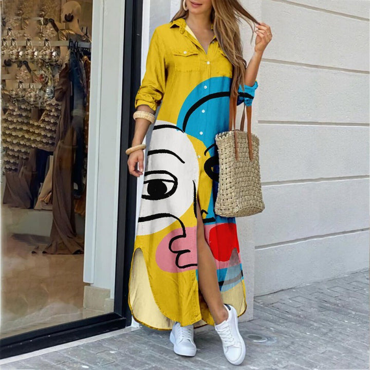 Katoen-Polyester Jurk – Lange Mouwen & Gedetailleerde Print