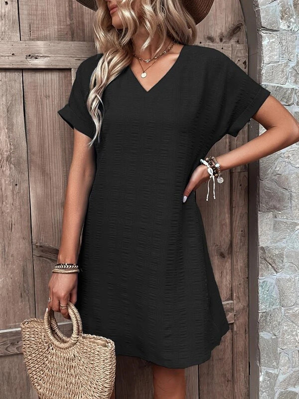 Katoen-Polyester Jurk – V-hals Ontwerp & Comfortabele Losse Pasvorm