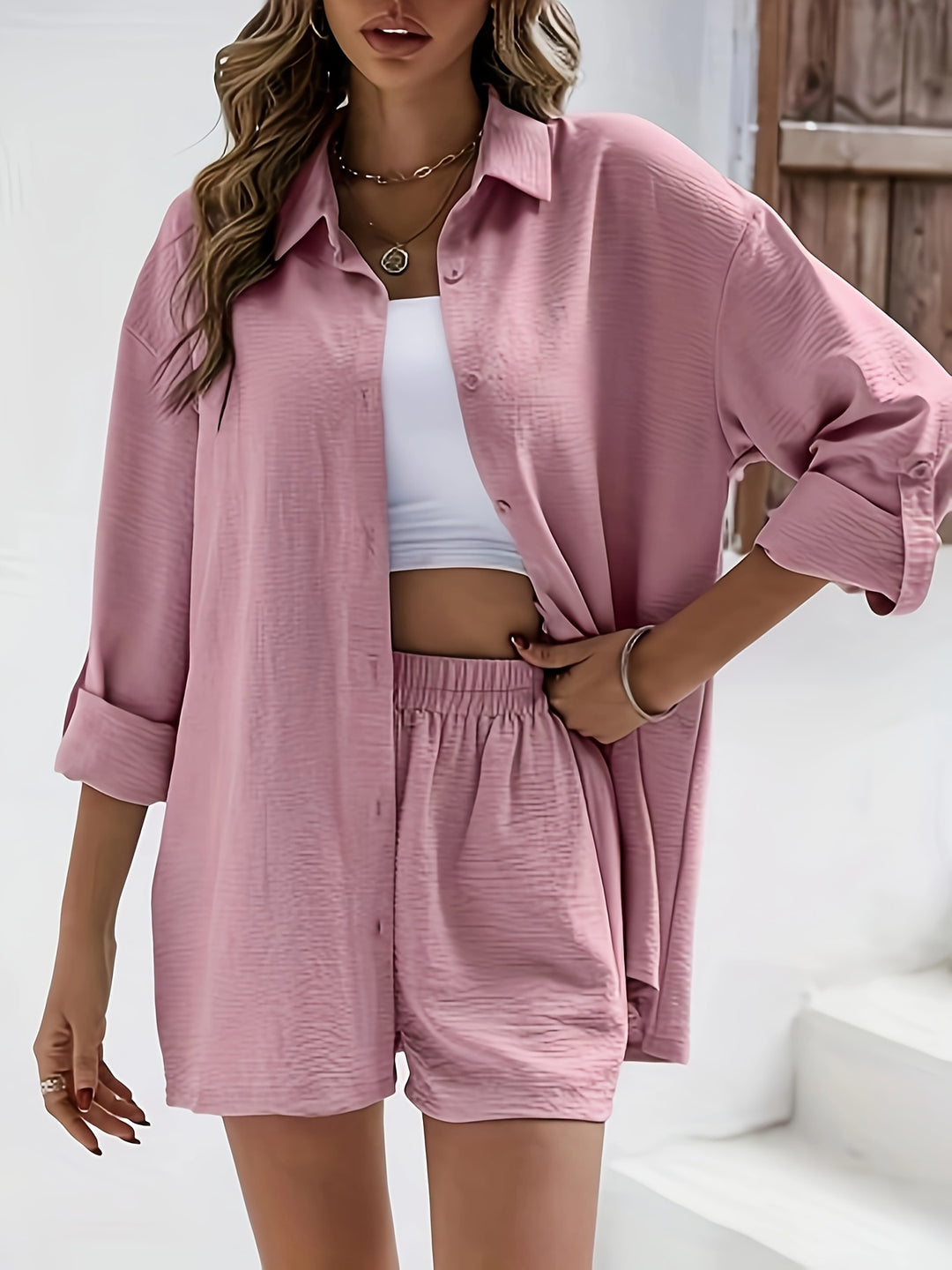 Katoen-Polyester Korte Set – Reverskraag & Licht Elastisch