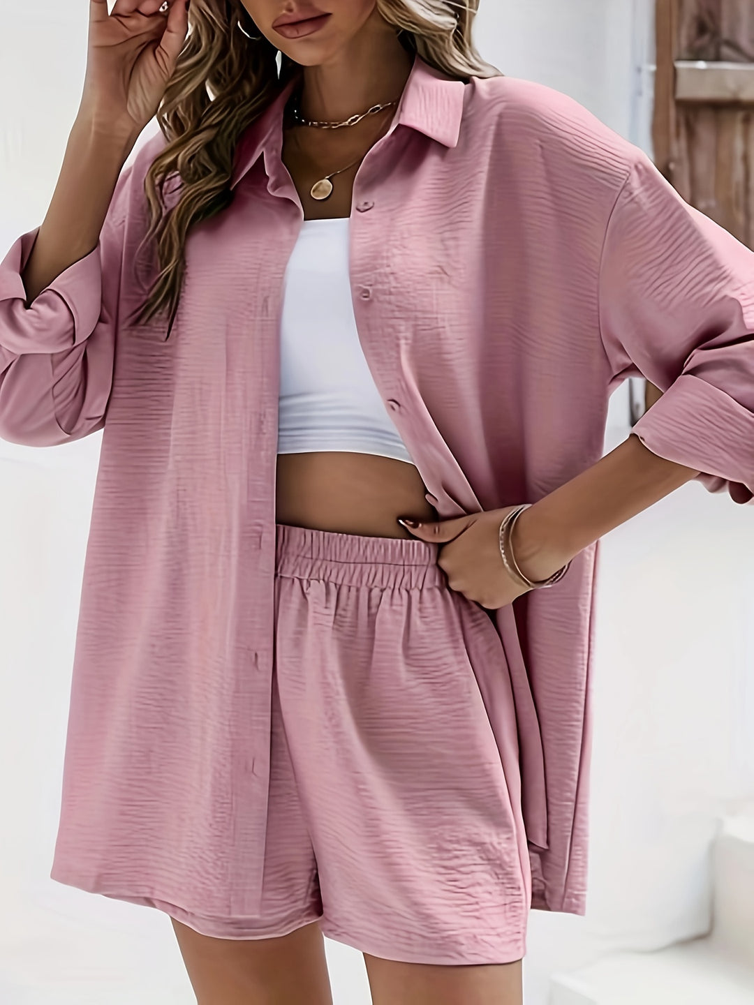 Katoen-Polyester Korte Set – Reverskraag & Licht Elastisch