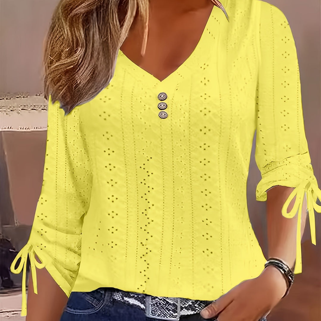 Katoen-Polyester T-Shirt – V-hals met Knoopdetails & Verstelbare Taille