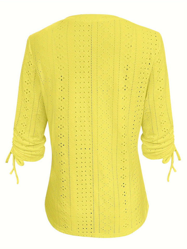 Katoen-Polyester T-Shirt – V-hals met Knoopdetails & Verstelbare Taille