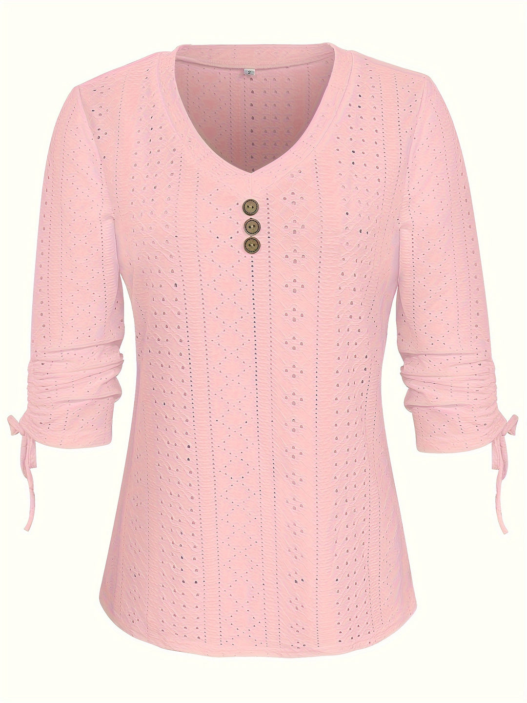 Katoen-Polyester T-Shirt – V-hals met Knoopdetails & Verstelbare Taille