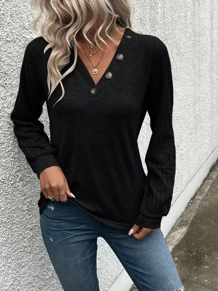 Katoen-Polyester T-shirt – V-hals & Knoopsluiting