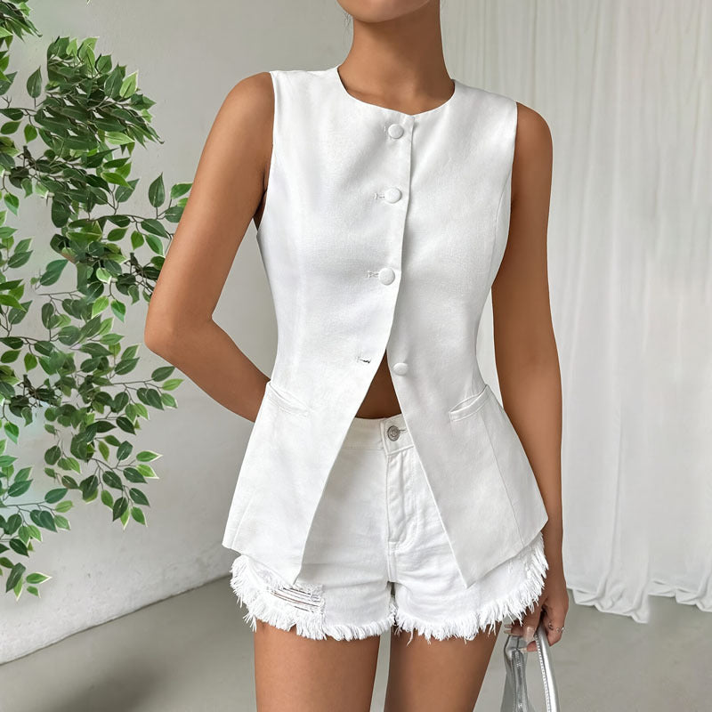 Katoen-Polyester Vest – Knoopsluiting & Ronde Hals