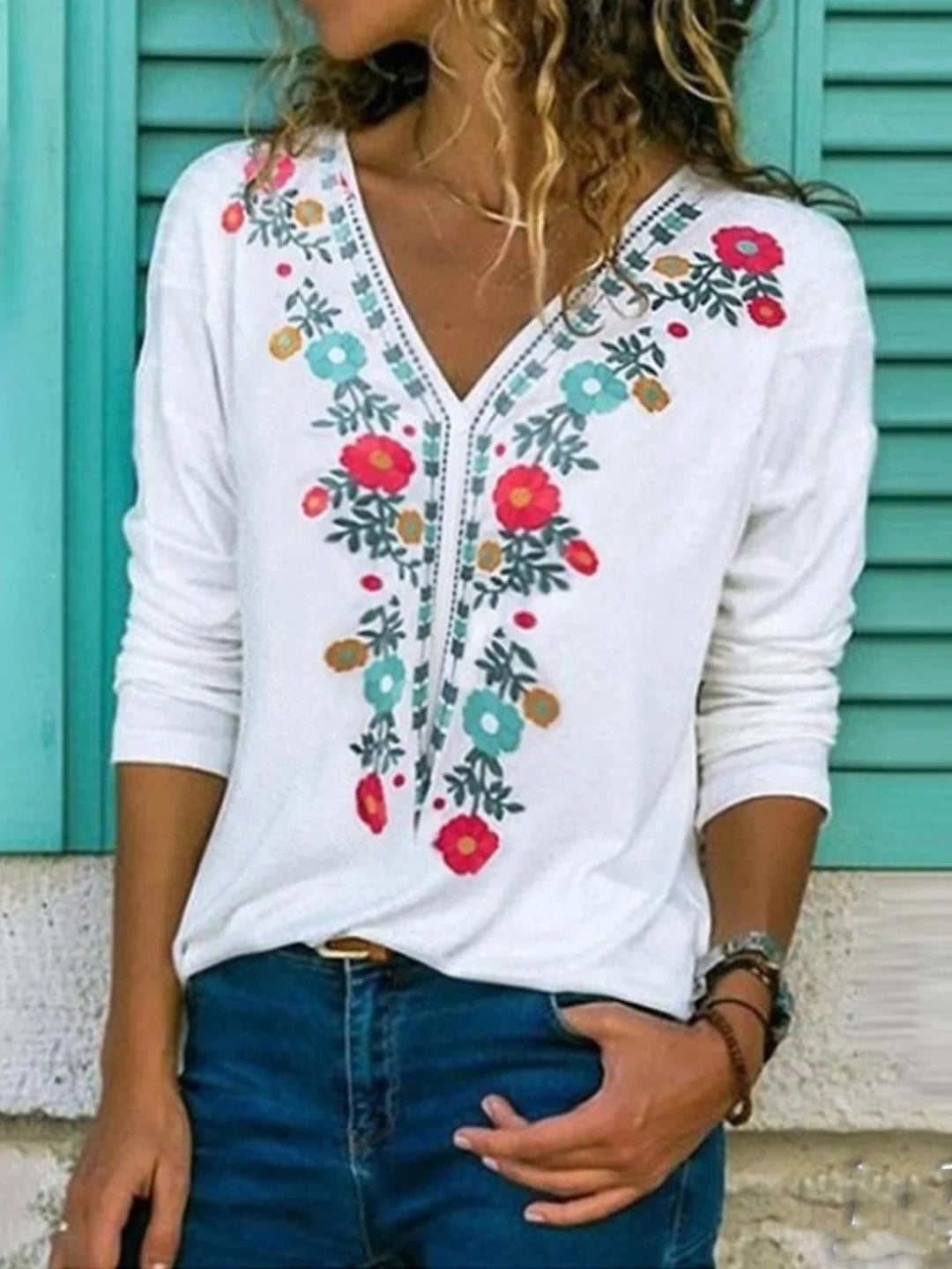 Katoen-Polyestermix T-shirt – Geprinte Details & Losse Pasvorm