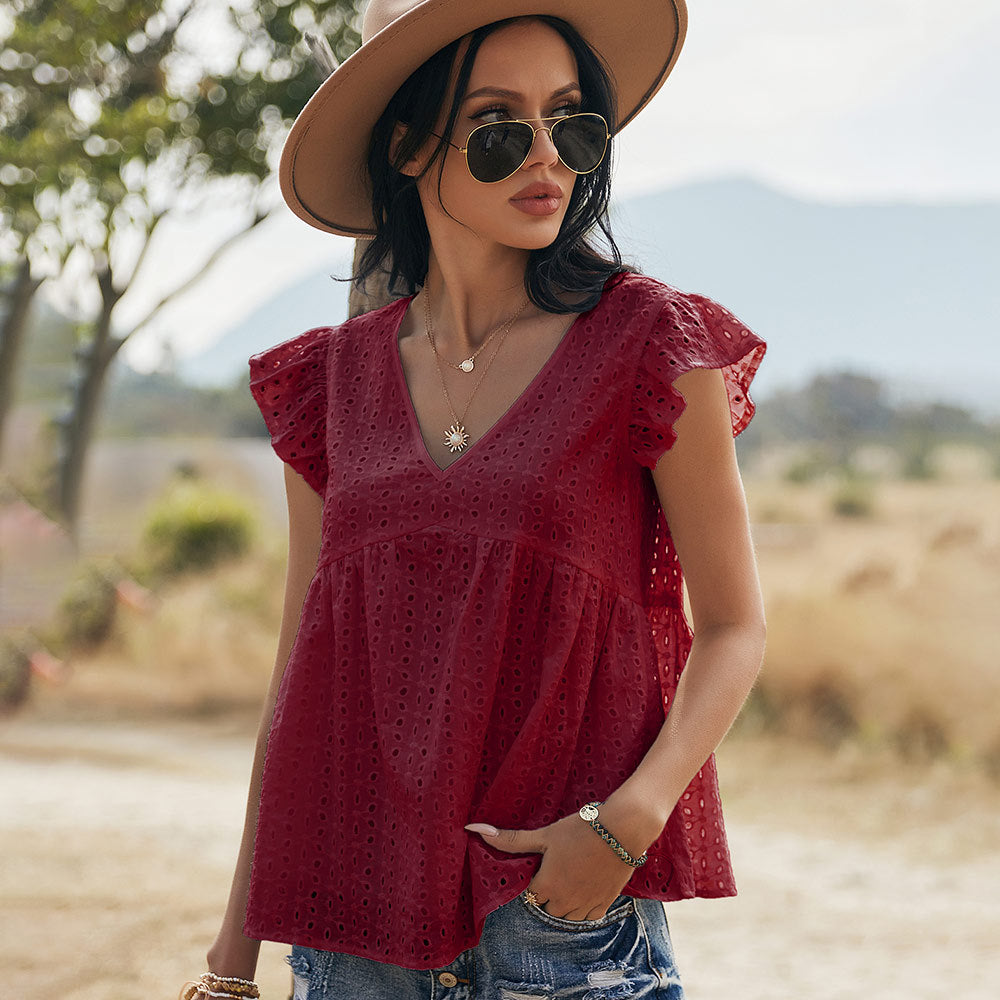 Katoenen Blouse – Geborduurd Ontwerp & Vliegende Mouwen