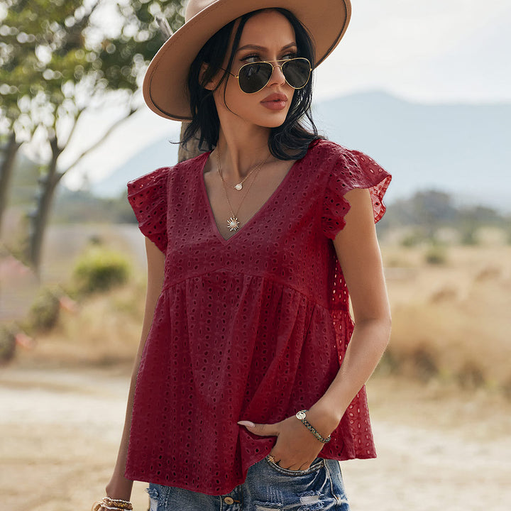 Katoenen Blouse – Geborduurd Ontwerp & Vliegende Mouwen