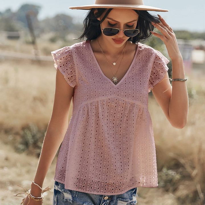 Katoenen Blouse – Geborduurd Ontwerp & Vliegende Mouwen