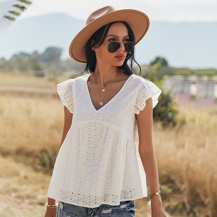 Katoenen Blouse – Geborduurd Ontwerp & Vliegende Mouwen