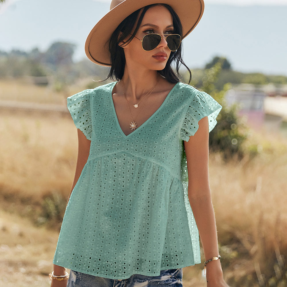 Katoenen Blouse – Geborduurd Ontwerp & Vliegende Mouwen