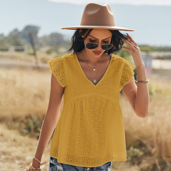 Katoenen Blouse – Geborduurd Ontwerp & Vliegende Mouwen